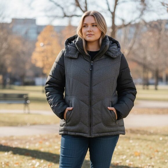Metaphor Jackets & Blazers - Metaphor Womens XL Puffer Jacket Gray Herringbone Mixed Media Quilted Hooded Par